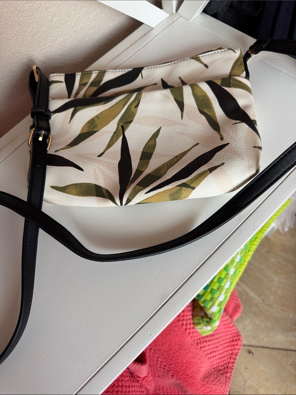 a new day White Crossbody Bag with Olive Leaf Print and Black Strap